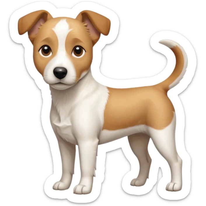 a full body facing front on of a buff white beagle cross jack russell terrier looking dog the size of a kelpie with light brown long ears resting on its face and a light brown patch above one eye and a large snout. the rest of the dog is completely white.  sticker