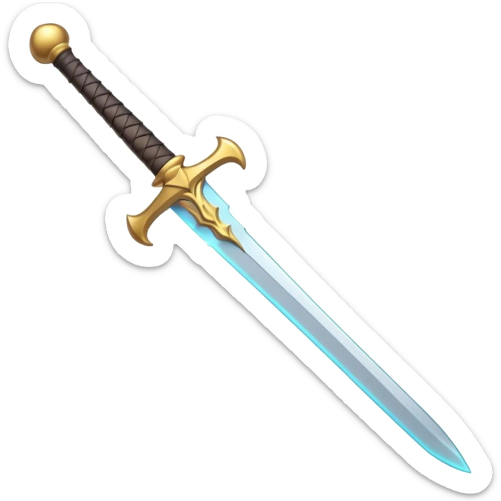 Clash of Clans aesthetic: Cinematic Playful 3D Isometric Sword Emoji, rendered in a 3D vector-style similar to standard emojis with minimal shading and bold, simplified shapes. A compact, distinct form with signature details, softly glowing with a fantasy RPG magic charm. Simplified yet unmistakably iconic, highly detailed and consistent, glowing with a soft radiance and high shine. Stylized with a touch of heroic grandeur and a soft glowing outline, capturing the essence of a beloved gaming relic with a friendly, playful manner! sticker