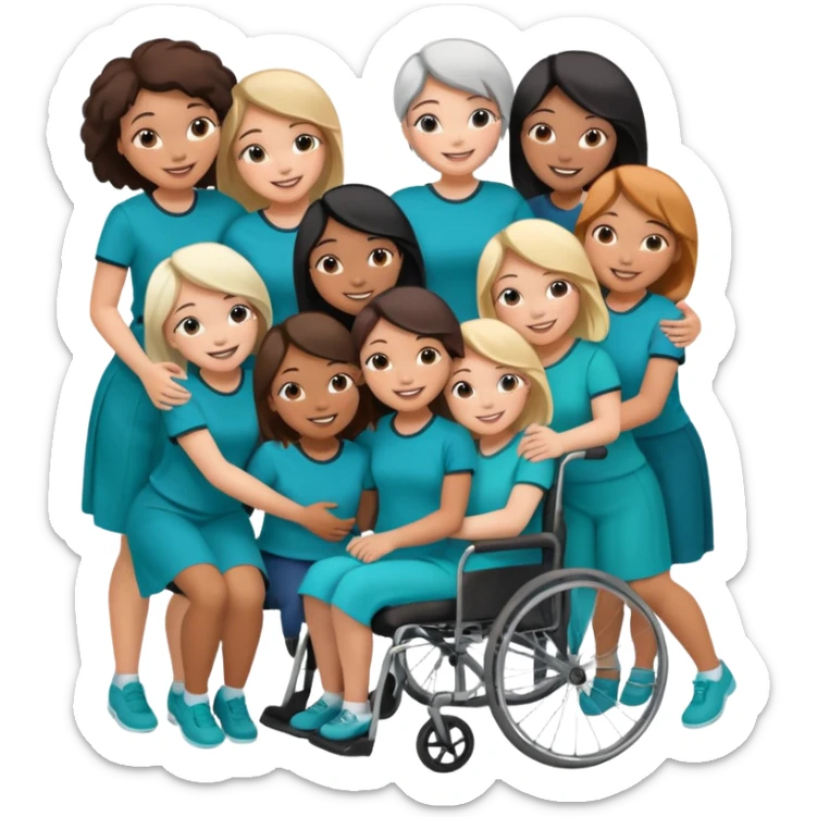 Teal group hug of 8 women with one in wheelchair sticker