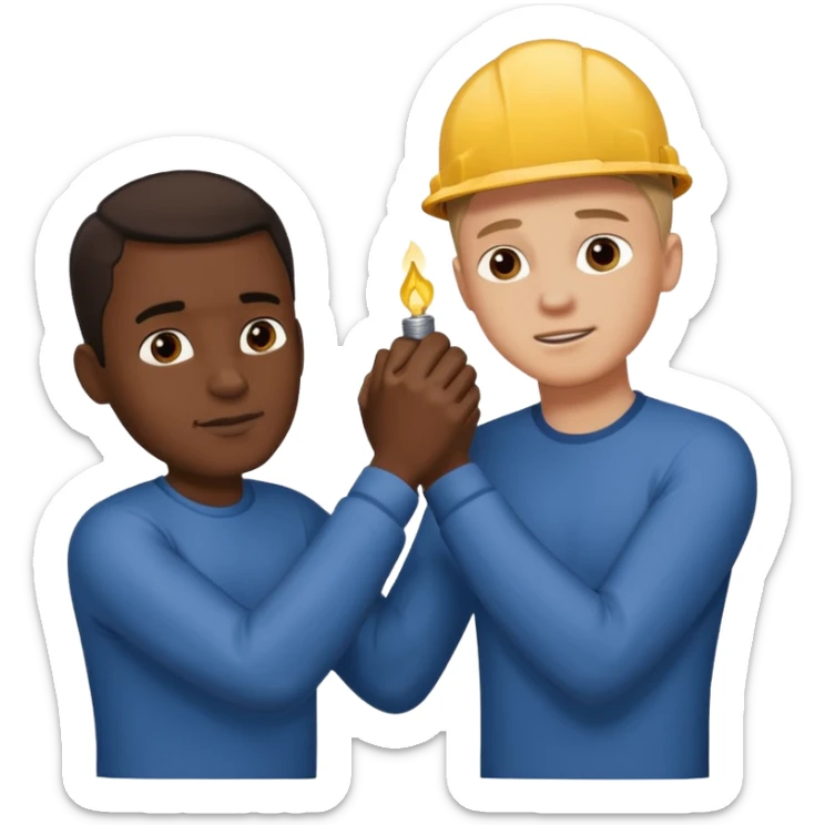 Muestra a dos personas. Uno de pie, alcanzando y firmemente halando hacia arriba a la otra persona que está agachada o en un agujero/grieta. Sus manos están entrelazadas en un agarre fuerte. El enfoque debe ser claro: un hombre ayuda a otro a levantarse o salir de una situación peligrosa. sticker