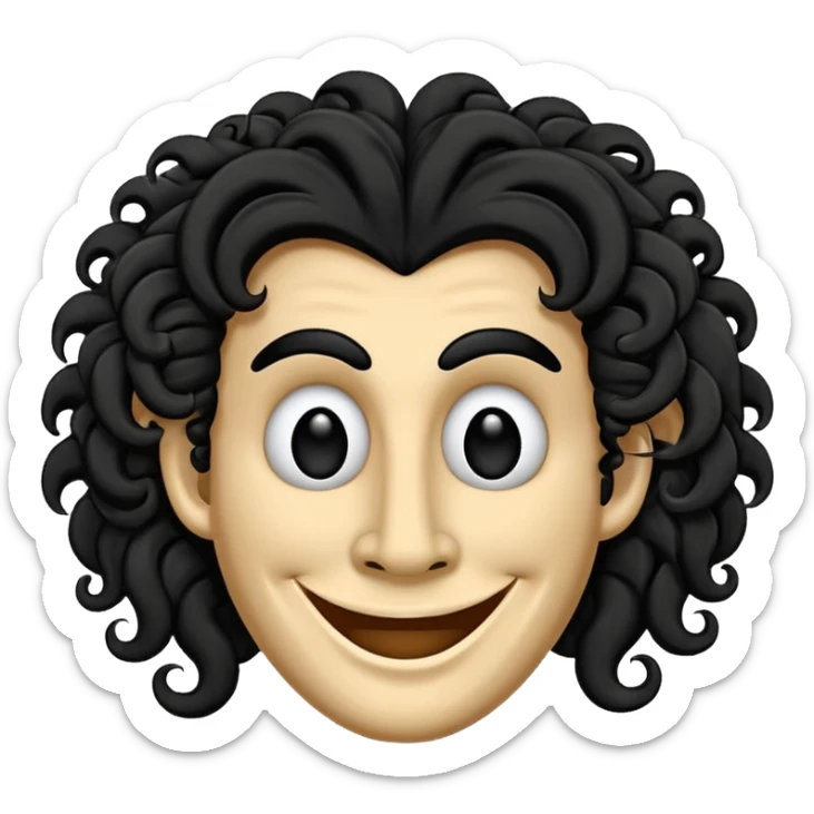 generate theatre wooden mask emoji with a big curly black hair 

wide black coloured smile, long and pointy white nose with no nostrils, pitch black eyes sticker