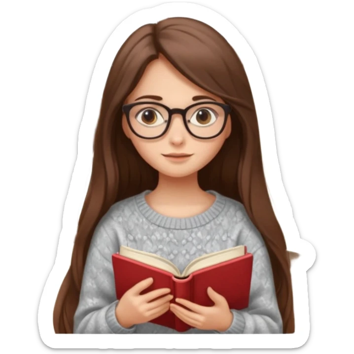 clean beautiful girl long brown hair, wear glasses, reading a book sticker