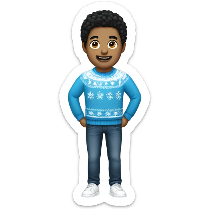 white man with black hair, wearing christmas jumper with white details with blue jeans and black sneak sticker