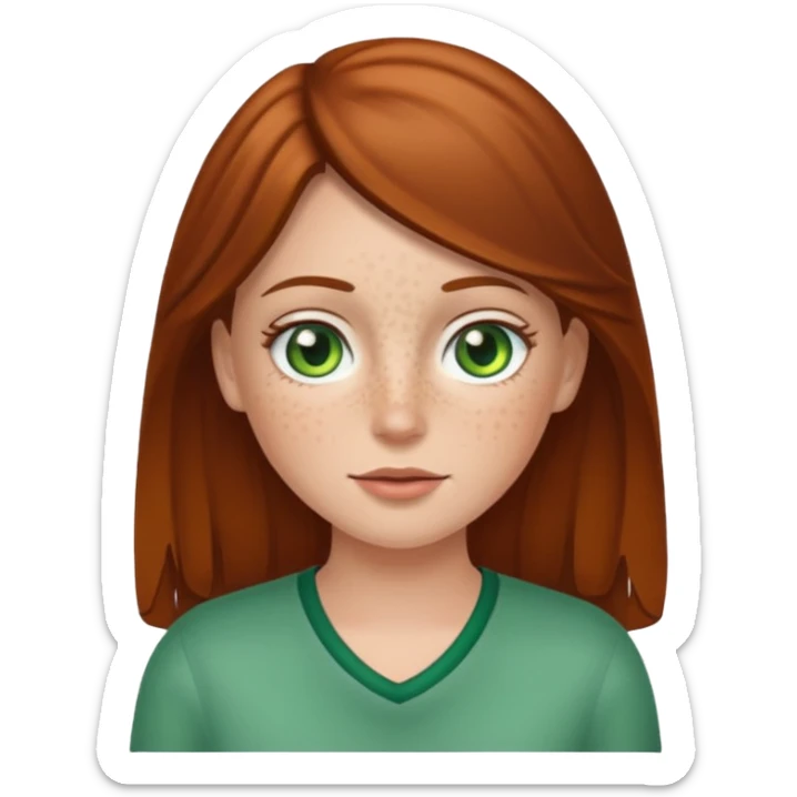 Create an emoji of a white girl with freckles, brown hair and green eyes sticker