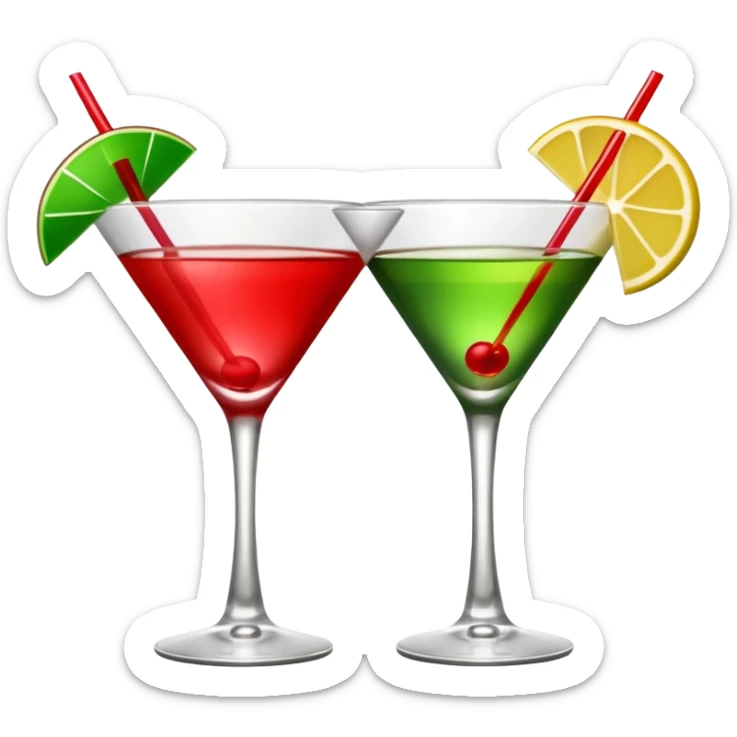 two realistic glasses of cocktail in emoji style, one is red color and one is green, martini glass shape, no straw, no fruit, no ice sticker