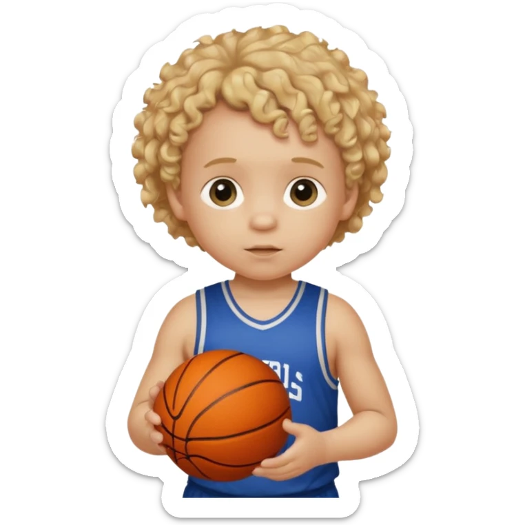 a white baby with curly dirty blonde hair with a basketball. his shirt says cooke elementary  sticker