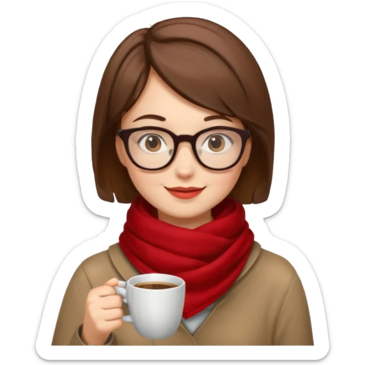 a girl with brown short hair, having red scarf, wearing glasses, drink coffee, enjoy sticker