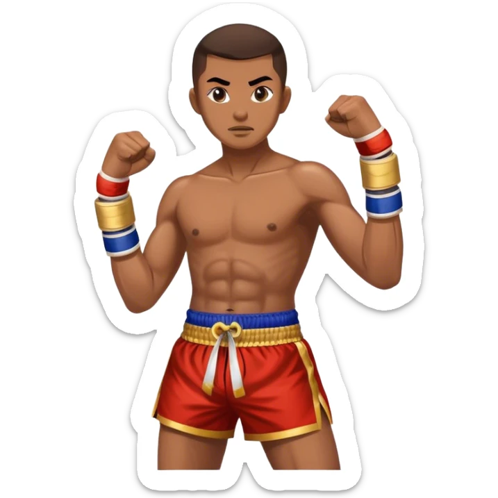 Muay Thai traditional – Cinematic Realistic Traditional Muay Thai Fighter, depicted in authentic Muay Thai attire with arm bands and shorts, poised in a dynamic fighting stance in a traditional Thai stadium, rendered with vivid textures and dramatic, high-contrast lighting that accentuates the art’s intensity. sticker
