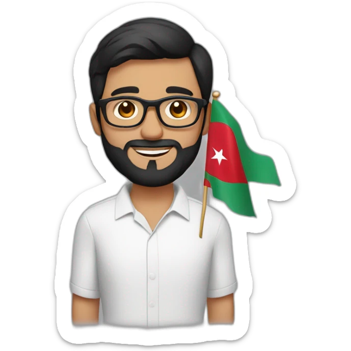 Short black hair and beard, dark brown eyes white skin man with glasses holding Moroccan flag sticker
