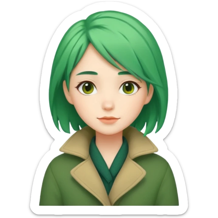 Girl with green hair wearing warm winter coat with a relaxed posture and friendly face sticker
