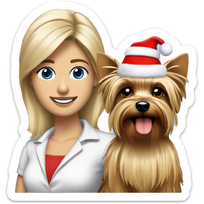 blonde woman blue eyes Yorkshire terrier wearing red santa hat standing with George Clooney  sticker
