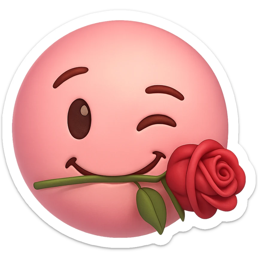pink emoji face with a rose in its mouth, winking, playful and charming, soft gradient pinks sticker