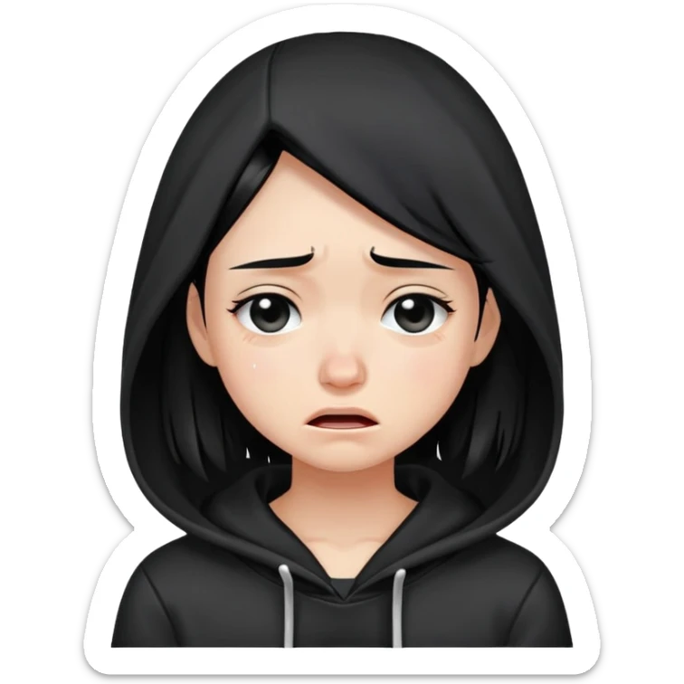 girl with black hair crying wearing a black hoodie sticker