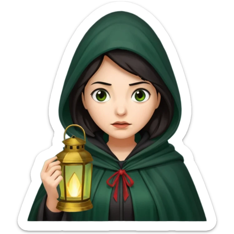 traitor tv show, dark haired woman wearing dark green cloak with hood up who looks very evil, is holding up a lantern, and looking down sticker