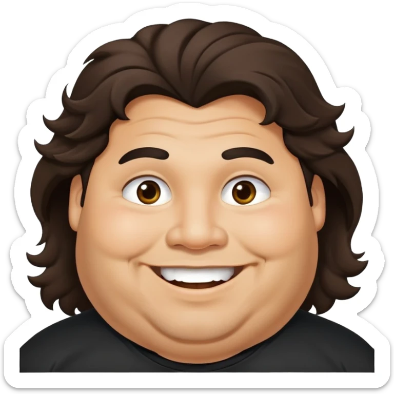 Hombre obeso latino piel canela, cara redonda-ancha, scruff sin barba completa, cejas gruesas, pelo oscuro ondulado flat largo hasta el cuello. Sonrisa amplia, expresión alegre. Camisa negra. Size large.  sticker