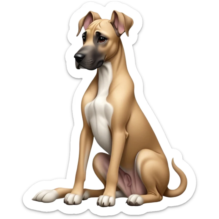cinematic-[fawn great dane]-realistic-full-body-sitting-emoji,-tail-resting-loosely-beside-its-paws,-head-tilted-dramatically, ears drooped, -sleek-[fawn]-fur,-simplified-yet-realistic-focused-features,-highly-detailed,-glowing-with-an-almost-sarcastic-glow sticker