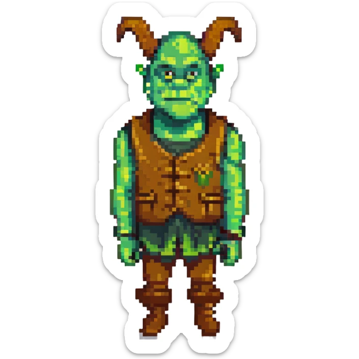 Shrek as a pixel art ogre, green skin, big ears, brown vest, simple background sticker
