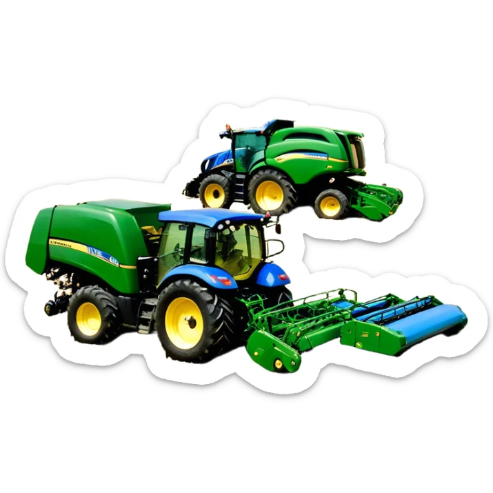 Baler – New Holland Roll-Belt 560 (2018) – Cinematic-realistic John Deere 6155M tractor towing a New Holland Roll-Belt 560 baler, its deep green body contrasting with the bright blue baler. The massive machine moves steadily through golden fields, compressing freshly cut hay into tight round bales, while dust swirls under the blazing afternoon sun. sticker