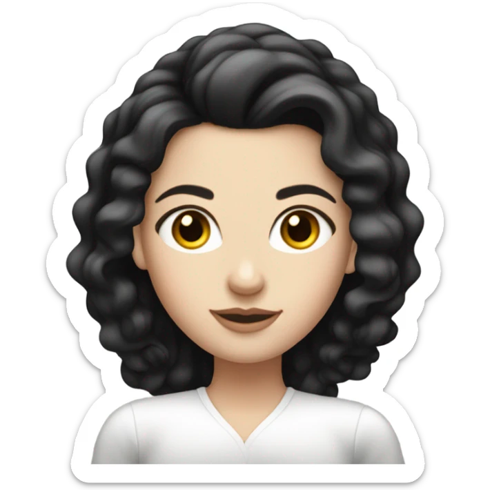 A white girl with long black bouncy hair and a elegant white top sticker