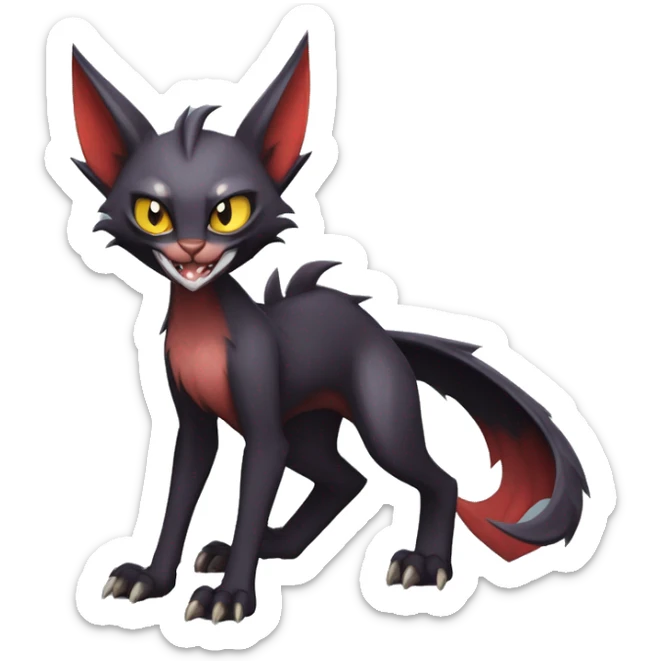 Black cool vampiric Noivern-Litten-Lykoi-Caracal-Fakemon with big bat ears and big fangs full-body sticker