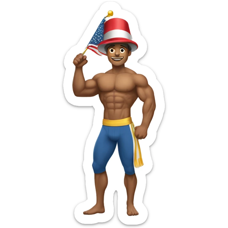 Create a full-body emoji of a muscular man, wearing a New Year's hat and holding a flag. sticker