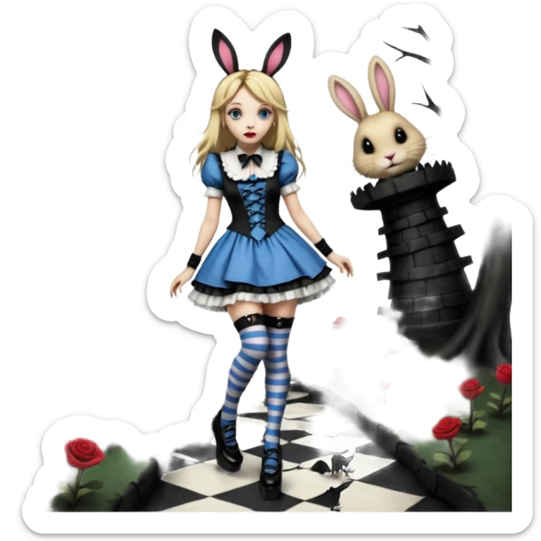  3d rendering,  ultra detailed, Alice in wonderland modern style in a punk gothic victorian style short dress, stripped knee high socks, gothic platform heels, long blonde hair, eyeliner, red lipstick, falling through rabbit hole,  transparent background
 sticker