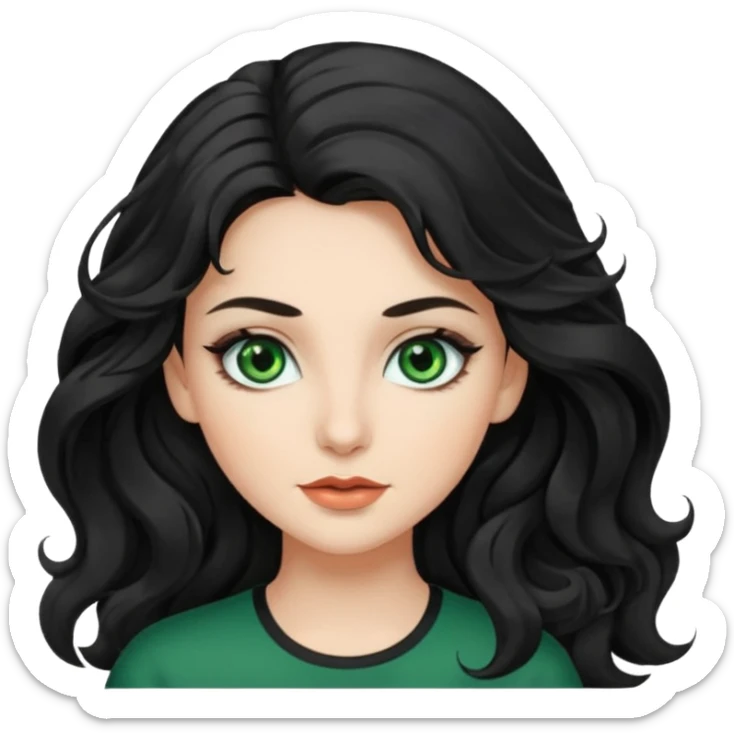 Caucasian girl with long, wavy black hair, green eyes, and pretty makeup. sticker