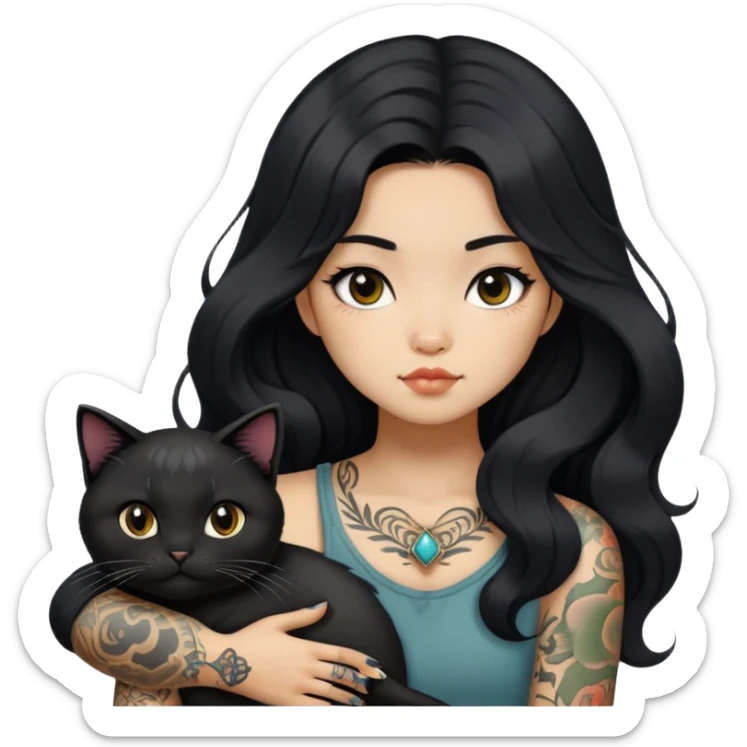 a Chinese girl with long black  Big Wave hair and tattoos and a black round faced cat  sticker