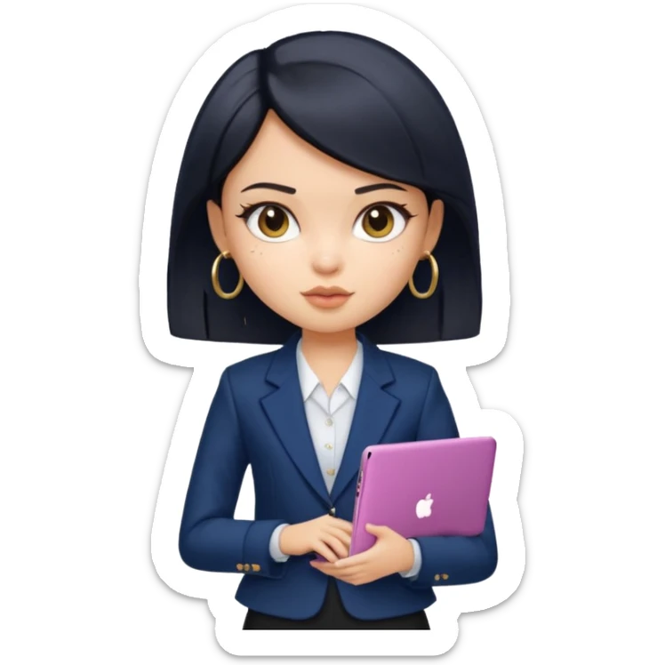 a pretty bratz girl with straight black short hair wearing a dark blue blazer and carrying a laptop. gold small hoops sticker