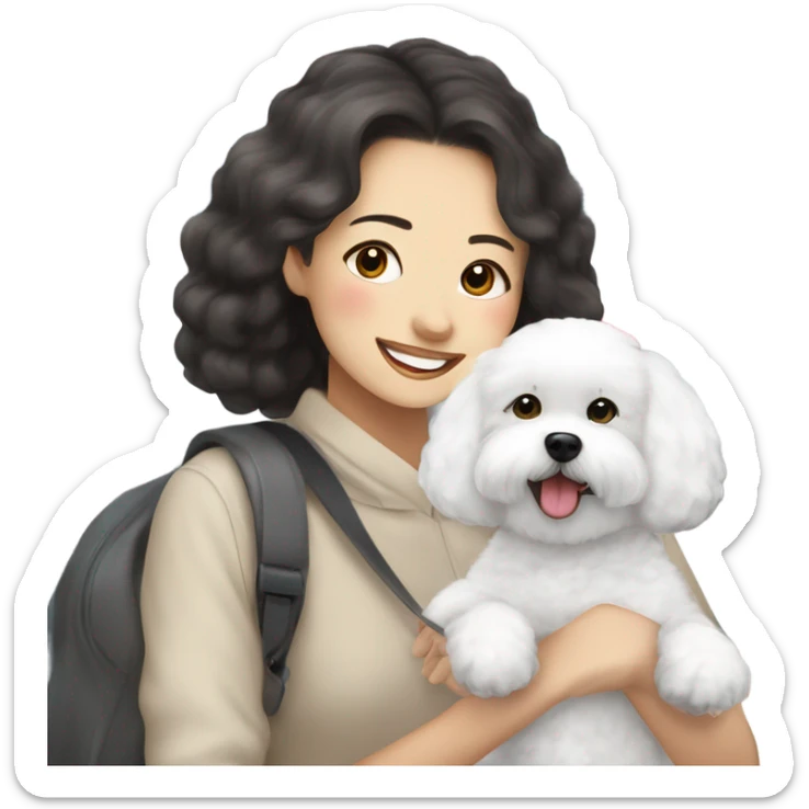 A cute and happy rounded ears bichon frise with a Asian woman at the airport  sticker