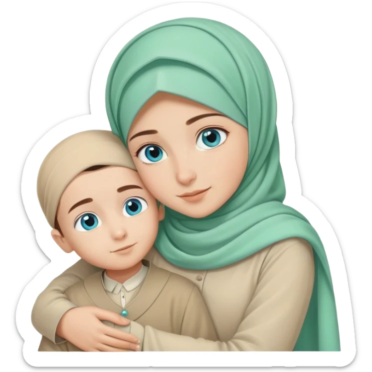 Turkish beautiful finish Konya girl blue eyes mint green beige hijab islamic dress and hugs with little boy brother  sticker