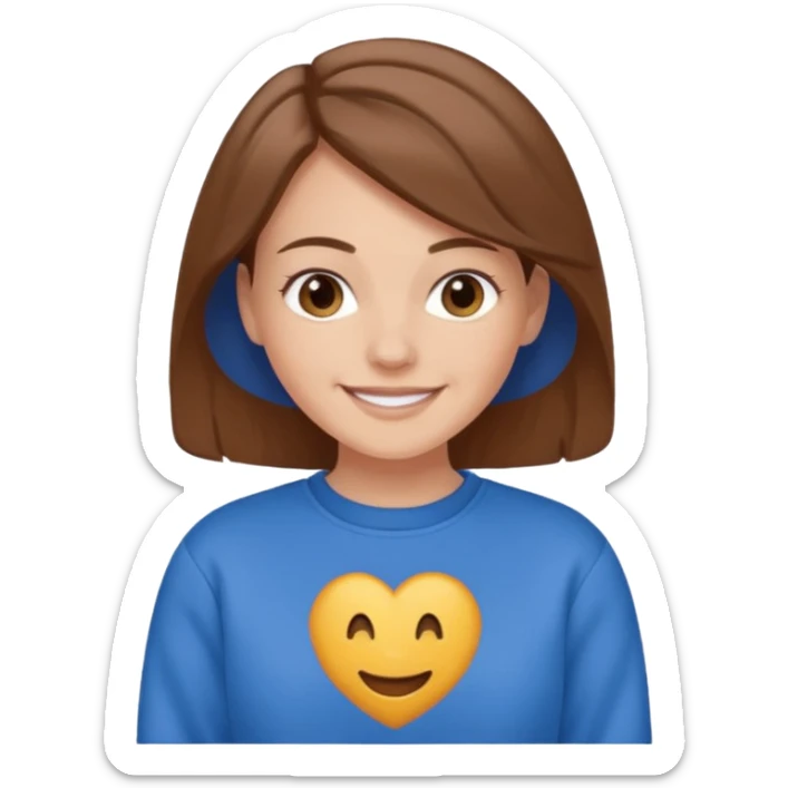 white woman with brown hair wearing a blue crewneck sweatshirt, happy sticker