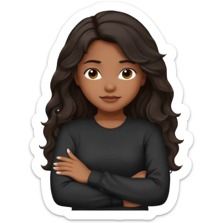 Hispanic girl with dark long wavy hair crossing her arms while pouting and wearing a black long sleeve shirt sticker