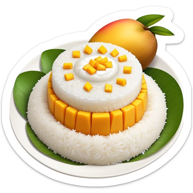 cinematic-realistic-mango-sticky-rice-dessert-emoji,-showcasing-sweet-sticky-rice out of a mould-paired-with-ripe-mango-slices-and-coconut-milk-rendered-with-lifelike-detail-and-warm,-inviting-lighting with the coconut  milk over the rice sticker