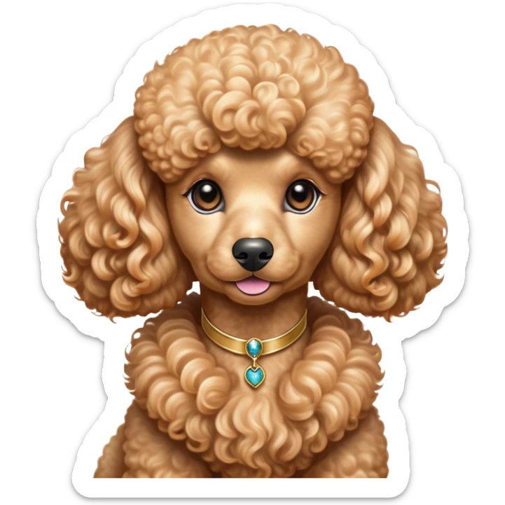 Cinematic Noble Apricot Poodle Portrait Emoji, Poised and regal, with a refined, elegant build and a meticulously groomed, curly apricot Fur, deep-set soulful warm eyes, Simplified yet sharp and sophisticated features, highly detailed, glowing with a soft, dignified glow, high shine, intelligent and graceful, stylized with an air of sophistication, focused and attentive, soft glowing outline, capturing the essence of a watchful and confident companion, so majestic it feels as though it could prance out of the screen with effortless authority! sticker