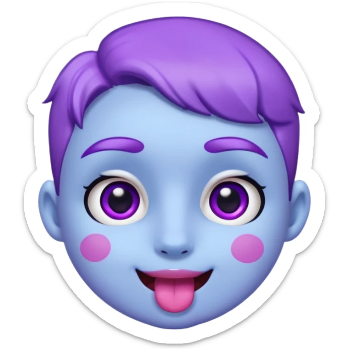 
de color azul claro brillante con manchas orgánicas en tonos morado y violeta.El rostro es expresivo y kawaii, con ojos grandes y brillantes, cejas pequeñas y una sonrisa abierta con lengua rosada. Estilo moderno, limpio y tierno, ideal como emoji, sticker o mascota digital.
 sticker