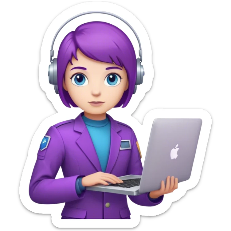 white astronaut with purple suit, blue eyes, short purple hair and one macbook sticker