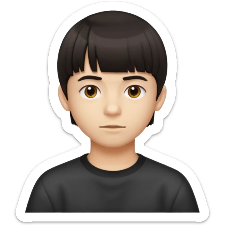 A boy no long hair À emoji that don’t smile Dark brown thick hair, short blunt fringe with straight bangs, compact textured top, evenly cut front, short tapered sides (not shaved), clean modern haircut, realistic emoji style, neutral expression. sticker