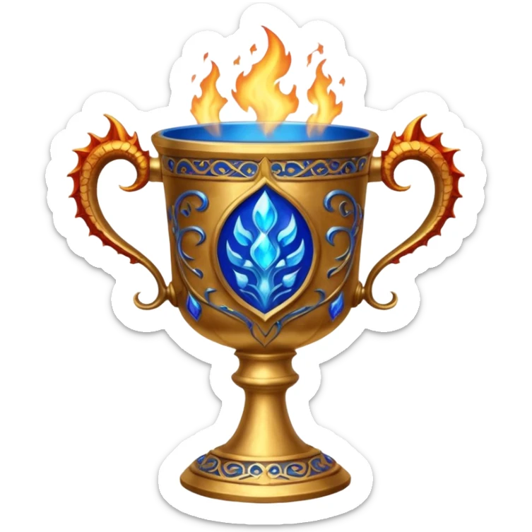 The Goblet of Fire is a large, ornate cup made of burnished gold with intricate carvings and handles shaped like fiery dragons. It's enchanted to select the champions for the Triwizard Tournament by emitting blue flames and magically presenting their name sticker