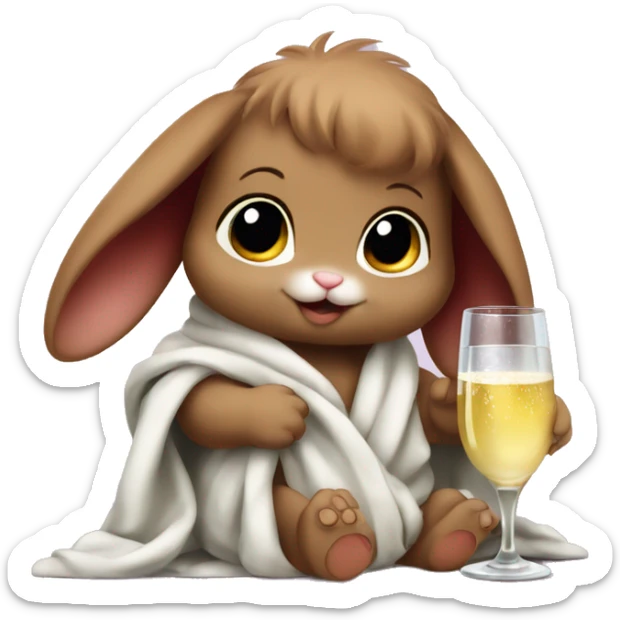 baby bunny with long burgundy hair wrapped in blanket drinking prosecco sticker