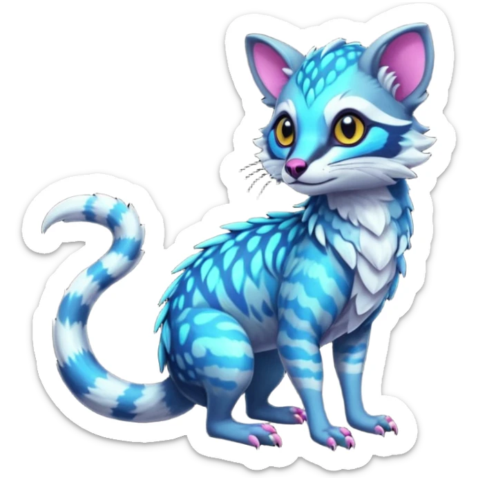 Colorful neon tropical exotic cute cool beautiful shiny beautiful fantasy-civet-genet-sergal-vernid-Gryphon-Cacomistle-Trico-oncilla-animal-Fakémon-hybrid-fursona (full body) sticker
