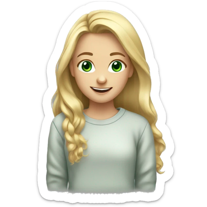 girl, long blondehair, smile, green eyes, sweatshirt sticker