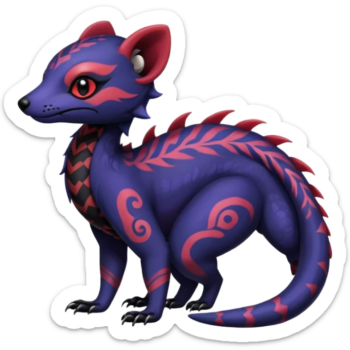Rare warm-colored exotic gloomy tropical edgy cute epic aesthetic spooky indigo violet white black red gothic colorful Salandit-Salazzle-Civet-species-Fakemon-hybrid-creature, with tribal tattoo markings, full body sticker