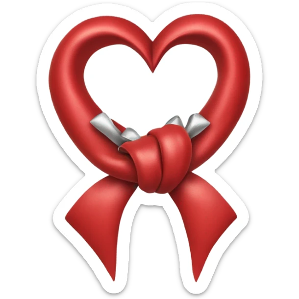 "A vibrant red bow with a silver hollow heart at the base of the bow's knot. The bow should have an intense red color, and the silver heart should be positioned at the center of the knot." sticker