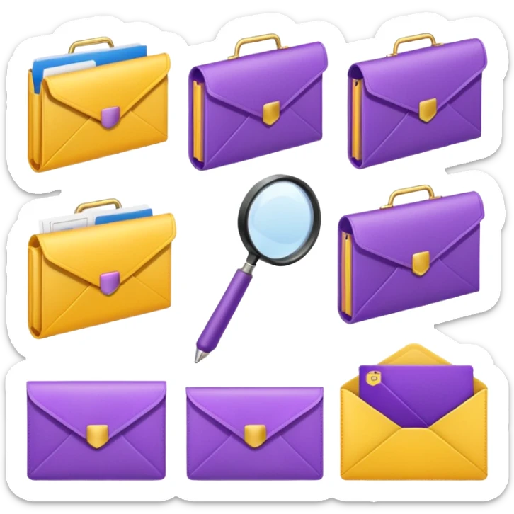 simple, minimalistic yellow (hex#FFD008) and purple (hex#8C52FF) icons of a pin, a working case, a folder, a magnifier, an email, an envelope. 6 icons in total sticker