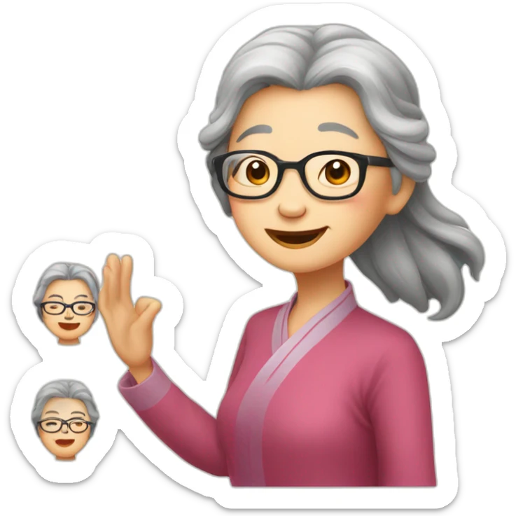 Chinese senior lady wear glasses has long hair show love gesture sticker