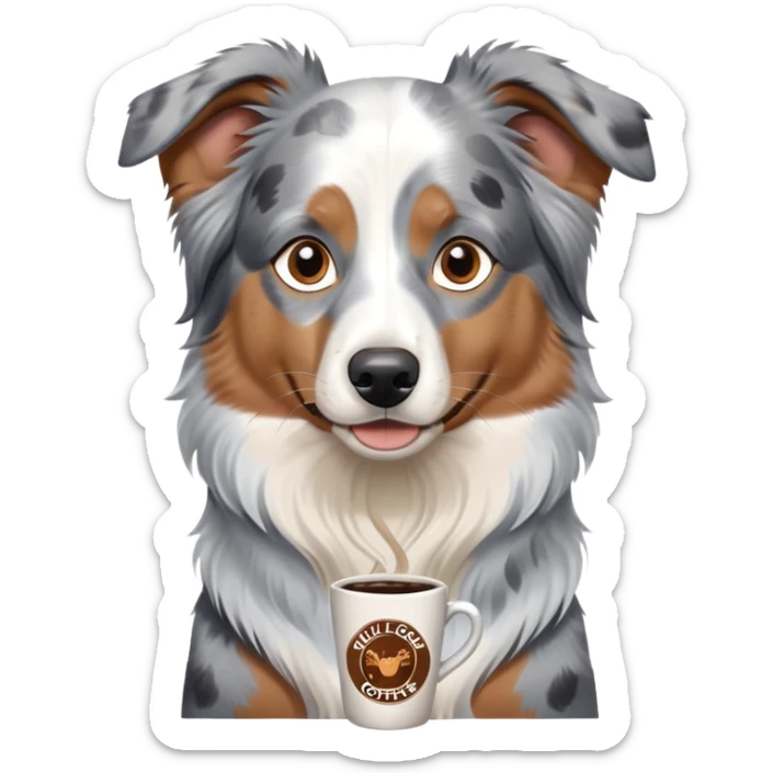 A Australian shepherd blue Merle with brown eyes wearing a shirt that says Full Circle Coffee House sticker