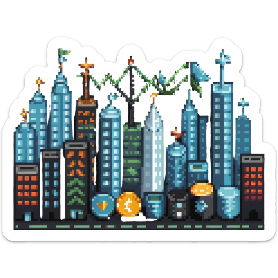 cityscape with economic symbols like upward arrows, coins, and buildings sticker