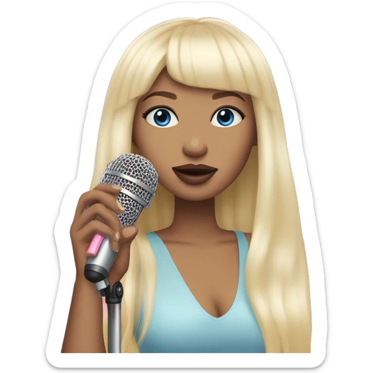 Blonde haired singer with long straight hair and bangs holding a pink microphone and the girl has blue eyes and pink-red lips and a pastel yellow, pastel pink, pastel blue and pastel purple clouds beside her and he has light skin sticker