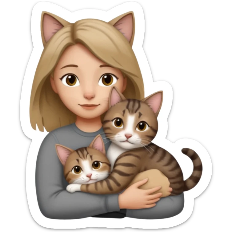 Une femme avec les cheveux dégradée, brun et blond, qui fait un câlin à son chat gris, tigré avec les extrémités que pattes pointe d’oreilles noires et le dessous du menton blanc la fille n’a pas d’oreilles, il n’y a qu’un seul chat sticker